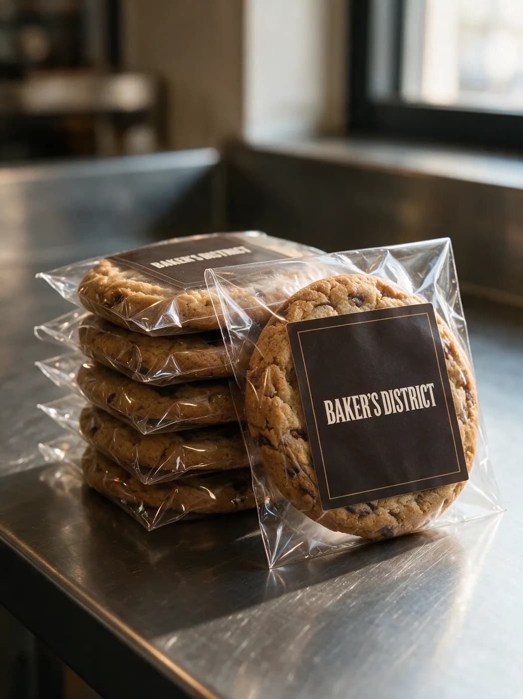 Stack of individually wrapped and labelled cookies