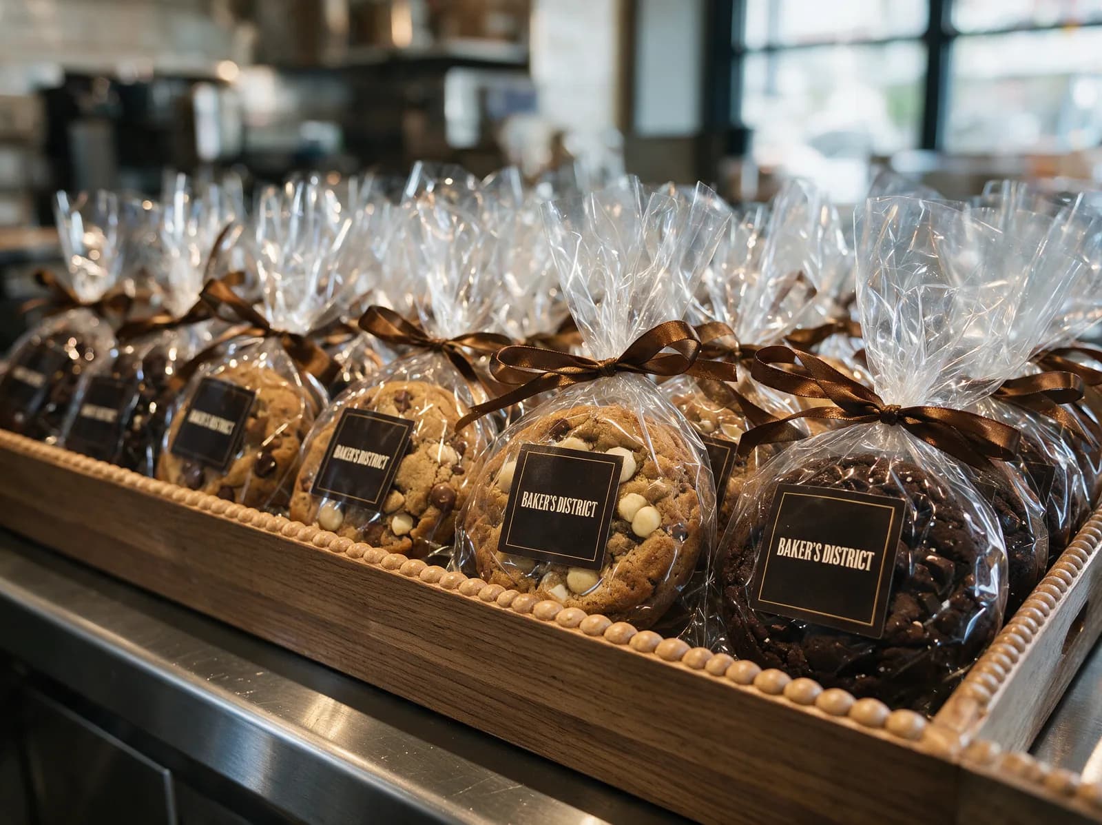 Crate of individually wrapped cookies, each sealed in cellophane with a ribbon and a Bakers District label
