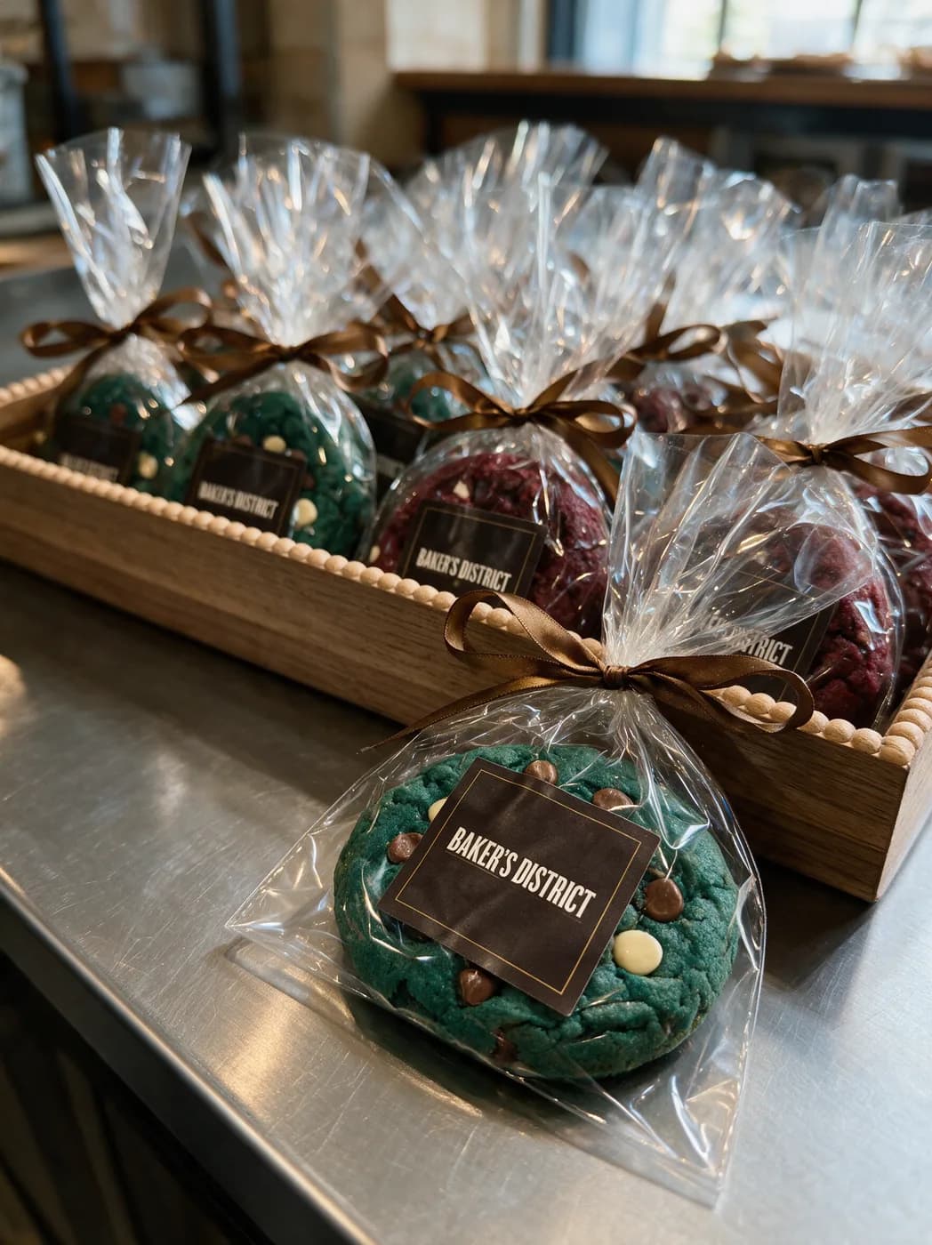 Crate of ribbon-tied cookie favours with one bag lifted out, its label facing up