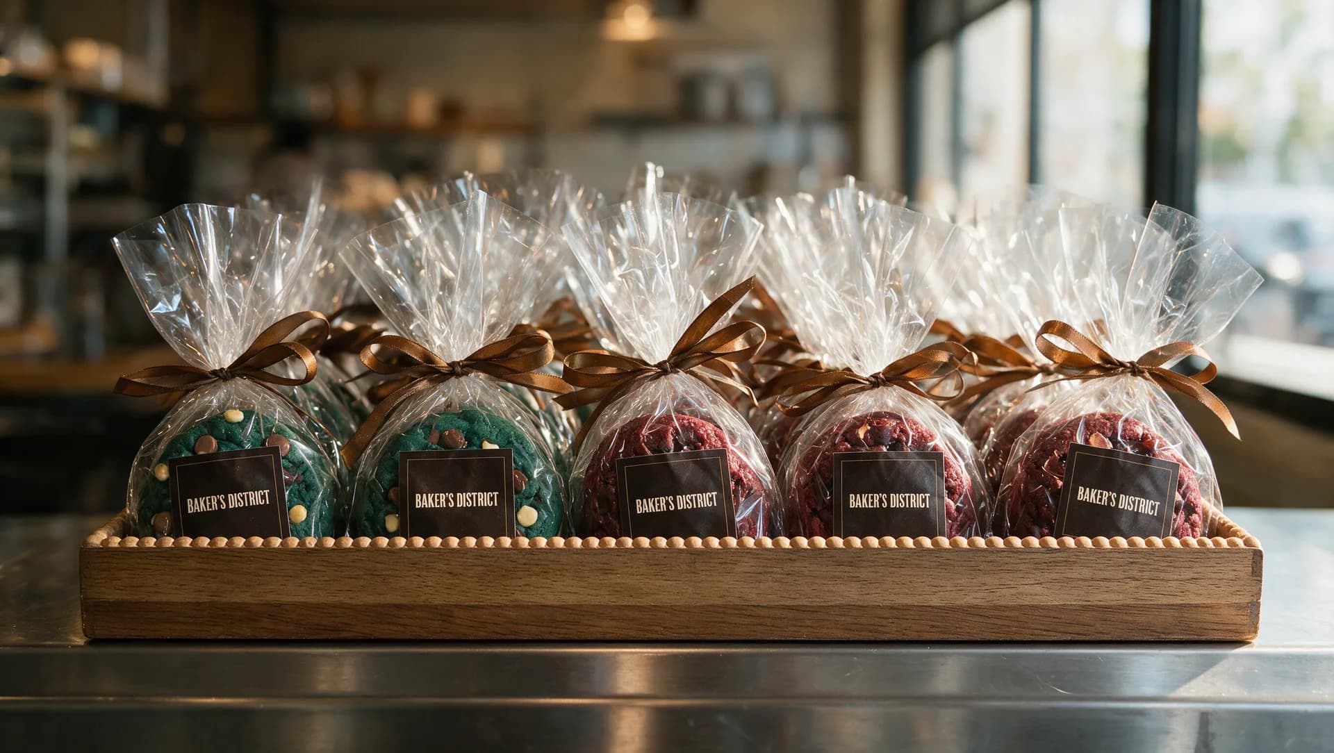 Wrapped and ribboned cookies lined up in a crate on a steel counter