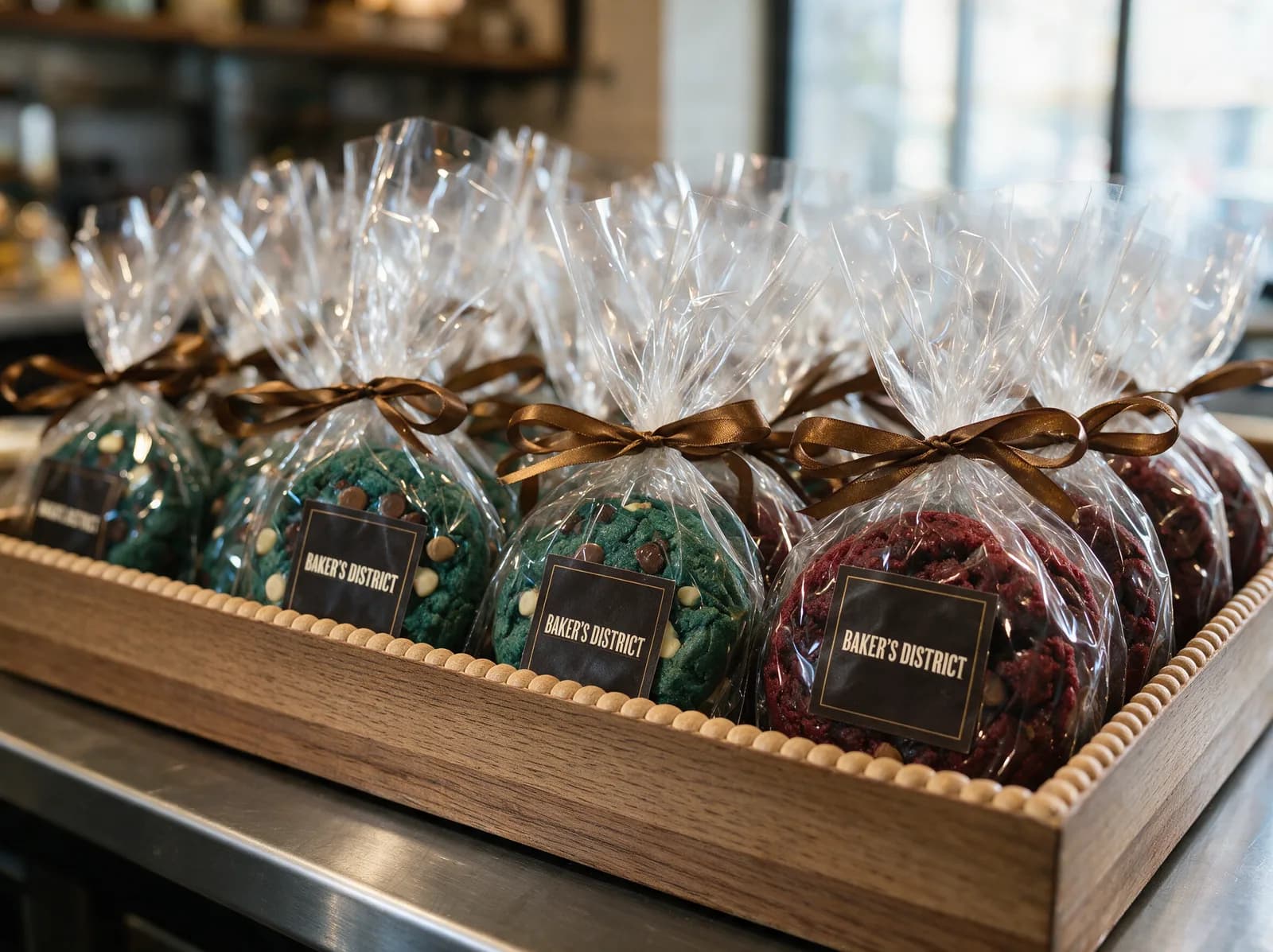 Crate of wrapped bespoke cookies ready for an event