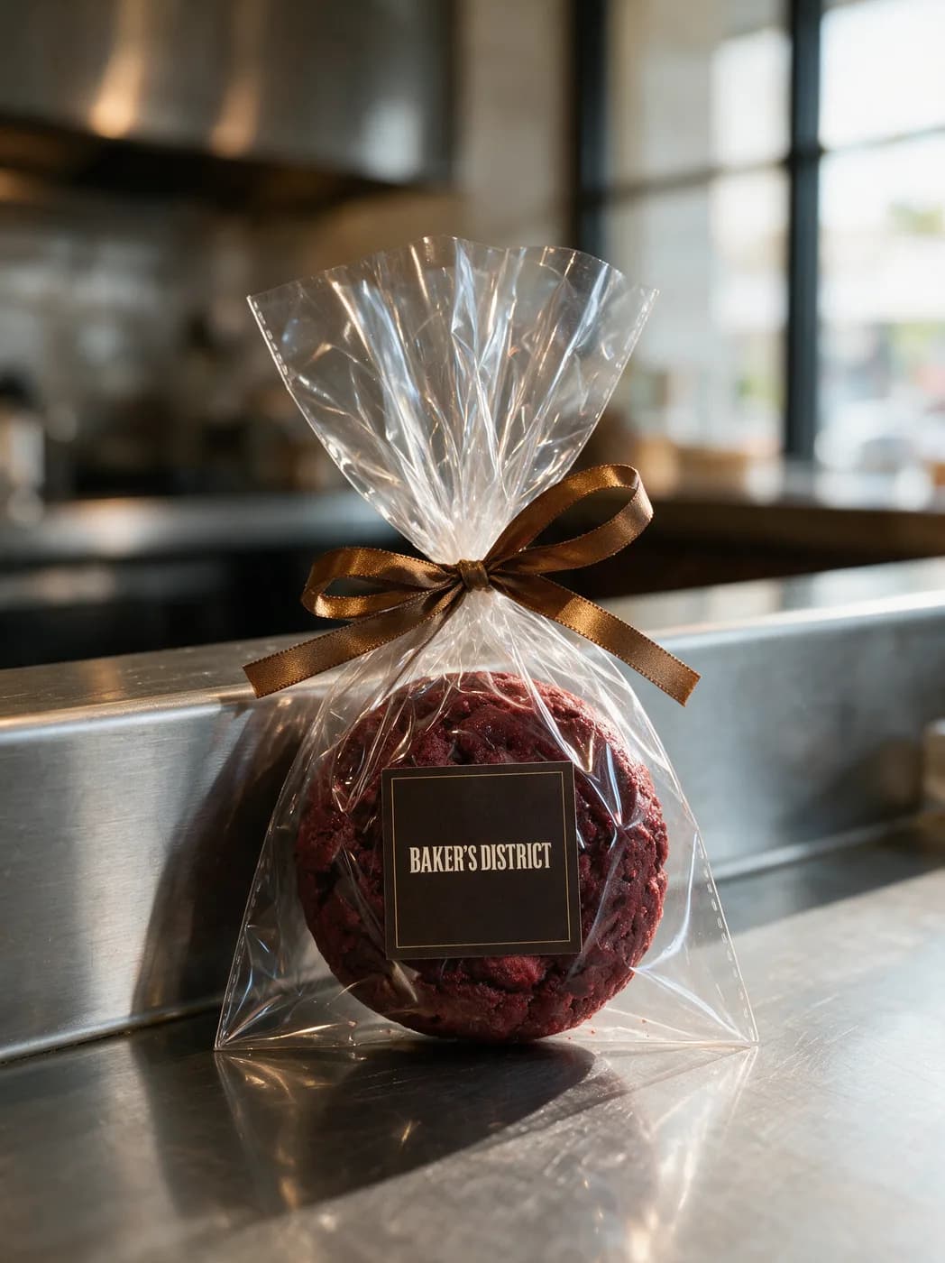 Dark red velvet cookie in a ribboned cellophane bag, standing against a steel ledge