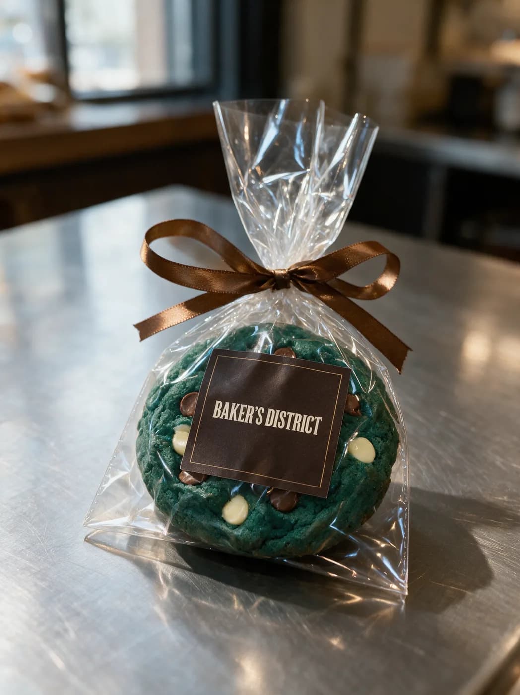 Deep teal cookie with milk and white chocolate chips, wrapped in cellophane and tied with ribbon