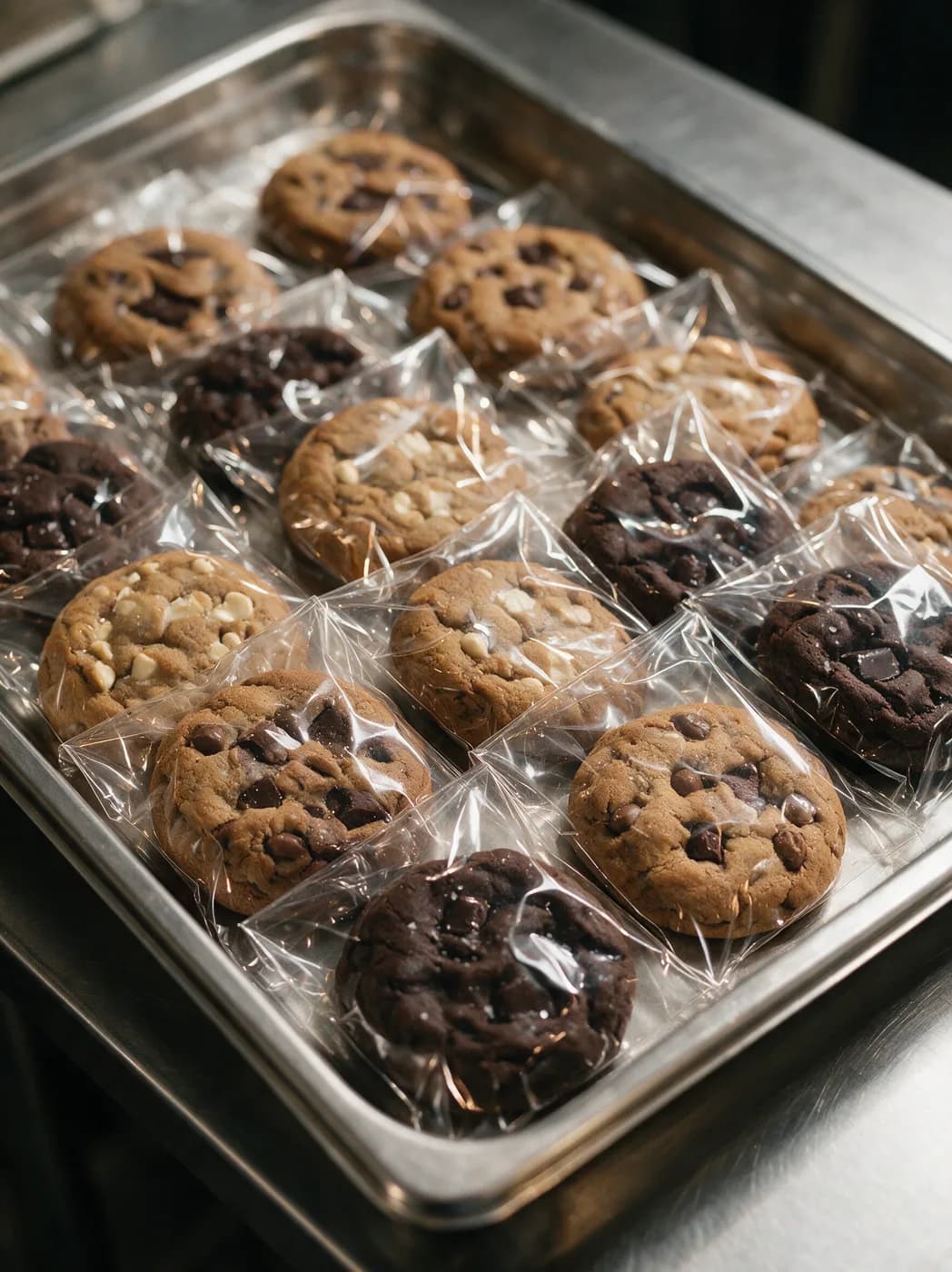 Stainless catering tray covered in rows of individually wrapped cookies