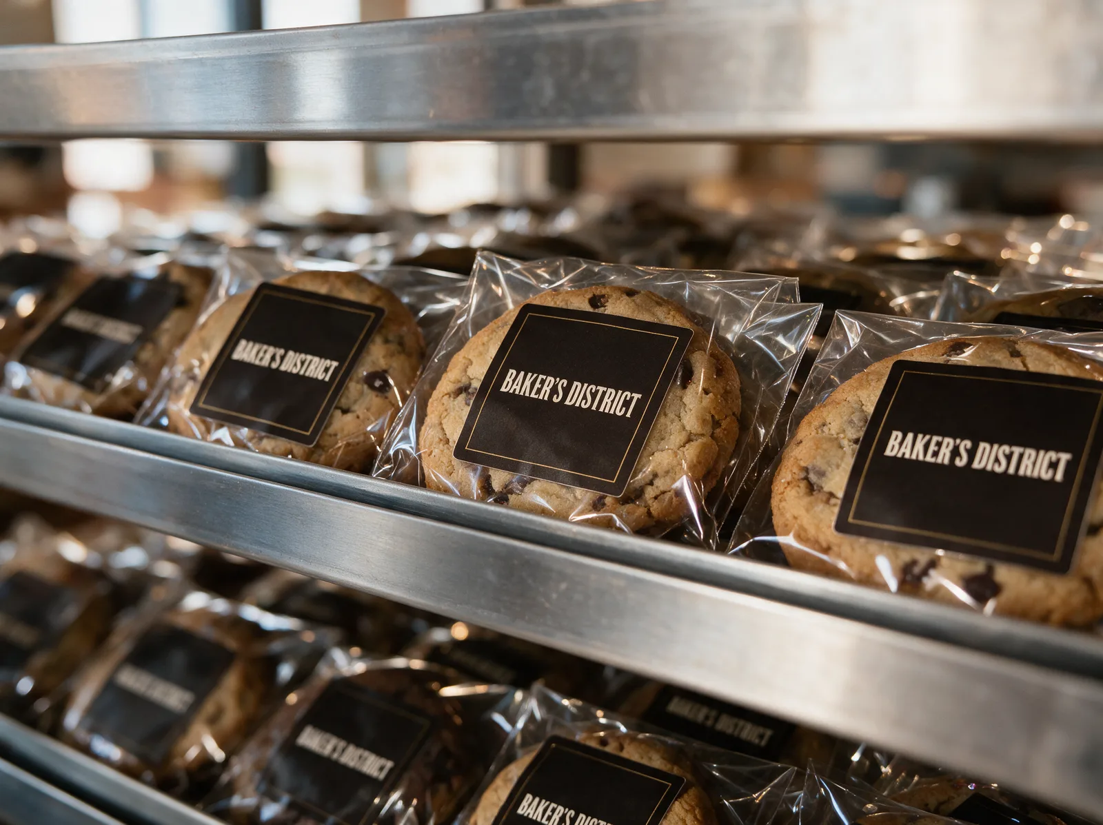 Bakery speed rack lined with individually wrapped, labelled cookies ready for delivery