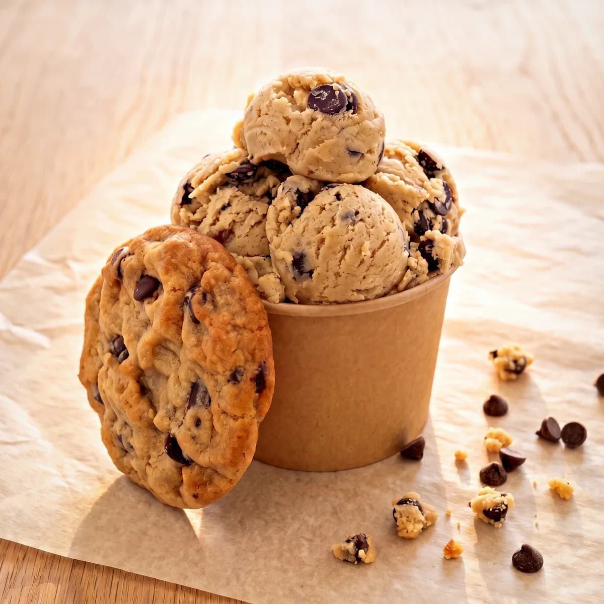 Scoopable chocolate chip cookie dough in a tub